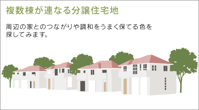 【複数棟が連なる分譲住宅地】周辺の家とのつながりや調和をうまく保てる色を探してみます。 